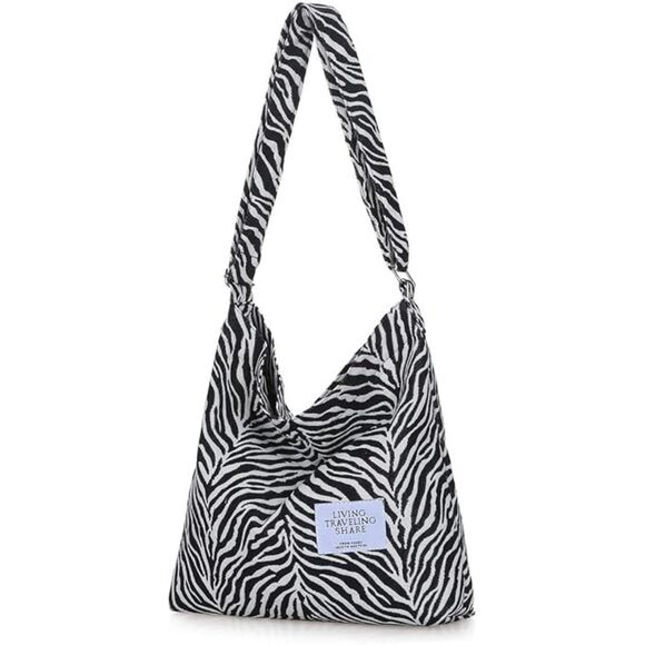 Women Zebra White Imported Canvas Retro Large Size Shoulder Crossbody Tote Bag - Picture 1 of 4